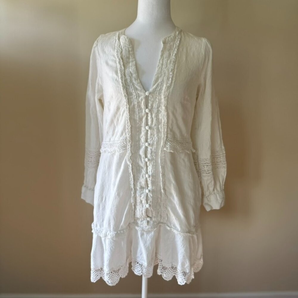 Anthropologie Button Front Mini Dress Lace Boho Women's Long Sleeve Dress Medium